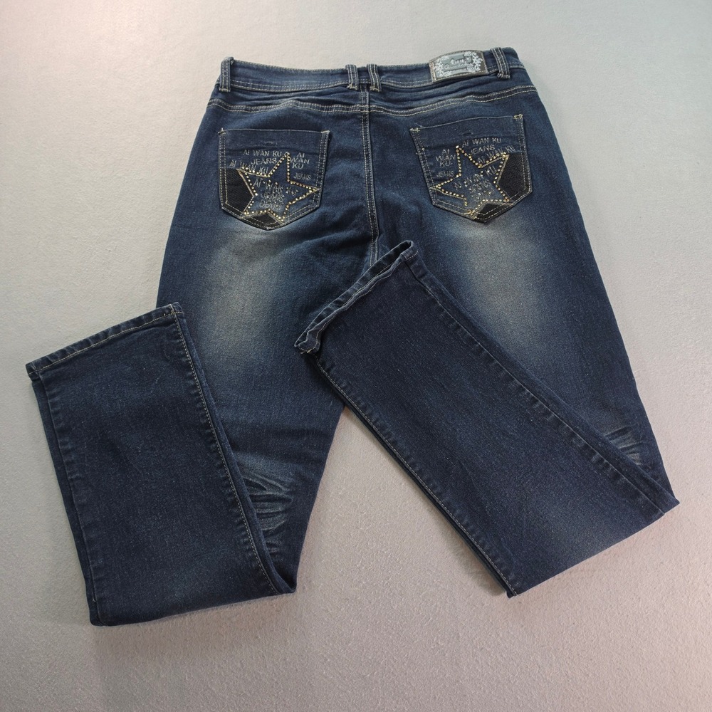 Ai Wan Ku Womens Dark Wash Star Pocket Studded Straight Leg Denim Jeans
